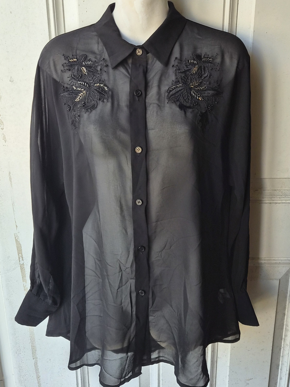 NWT i Jeans by Buffalo Black Sheer Embroidered Beaded Button Down Blouse Sz M